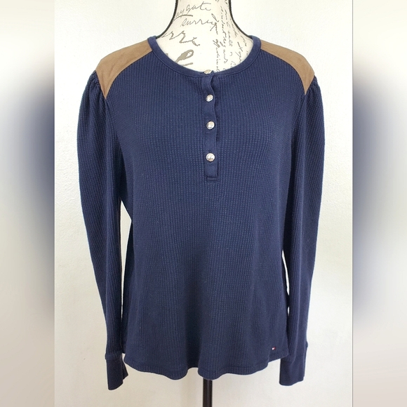 Tommy Hilfiger Tops - Tommy Hilfiger Henley Top Women’s XL Navy Waffle Knit Long Sleeve Pullover